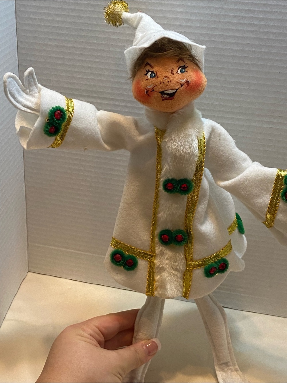 Annalee White Elf Doll with Gold Trim and Green-Red Holly Accents